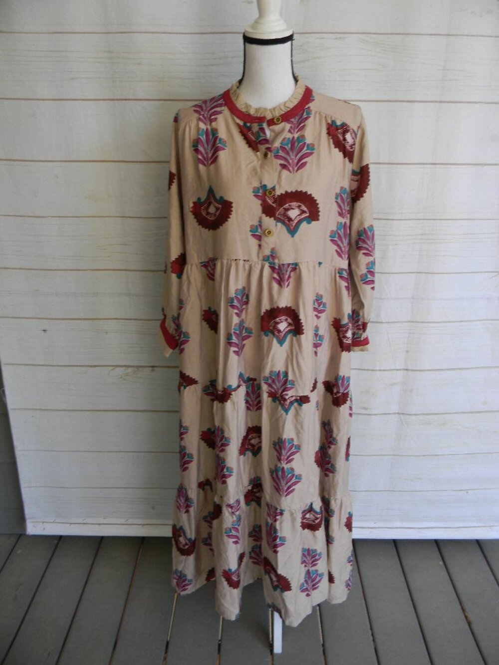 NWT UMGEE TAN/BEIGE FLORAL LONG SLV MAXI  BOHO PEASANT DRESS SZ XL